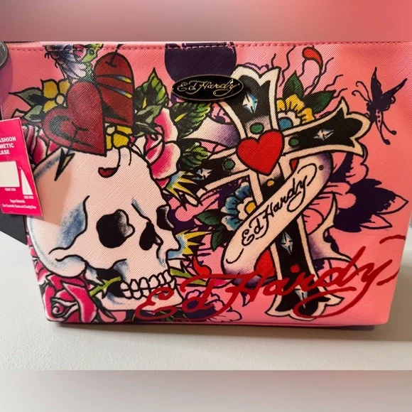 Ed Hardy Pink Cosmetic Bag with Skull cross heart Design large bag - Picture 5 of 7